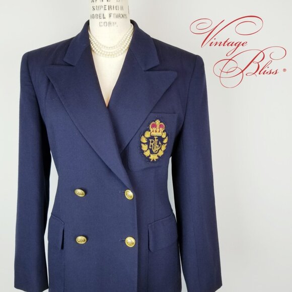 VTG Ralph Lauren Navy Blazer Royal Crest Gold Button Double Breasted Wool * 12P - Picture 1 of 12
